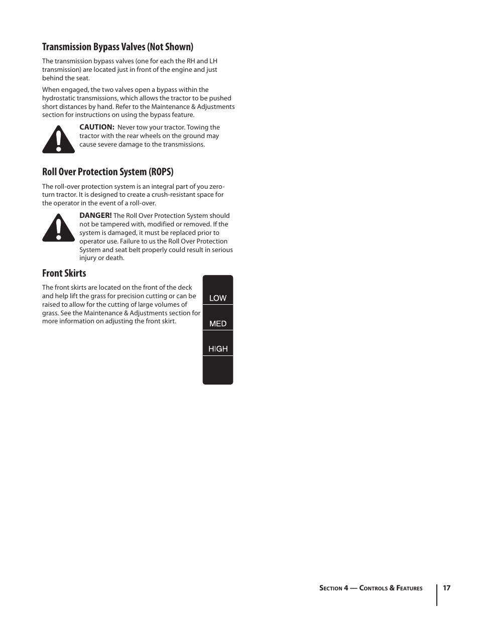 Transmission bypass valves (not shown), Roll over protection system (rops), Front skirts | Cub Cadet S6031 User Manual | Page 17 / 48