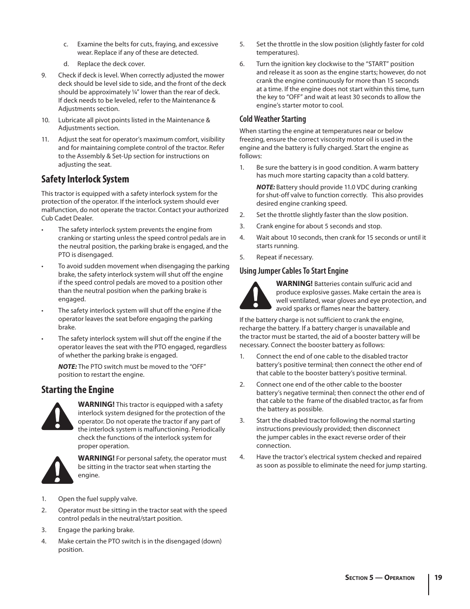 Safety interlock system, Starting the engine, Cold weather starting | Using jumper cables to start engine | Cub Cadet S6031 User Manual | Page 19 / 48