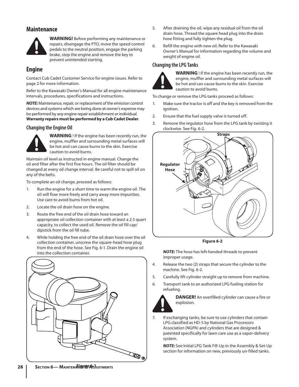 Maintenance, Engine, Changing the engine oil | Changing the lpg tanks | Cub Cadet S6031 User Manual | Page 28 / 48