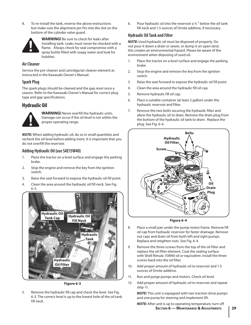Hydraulic oil, Air cleaner, Spark plug | Adding hydraulic oil (use sae15w40), Hydraulic oil tank and filter | Cub Cadet S6031 User Manual | Page 29 / 48
