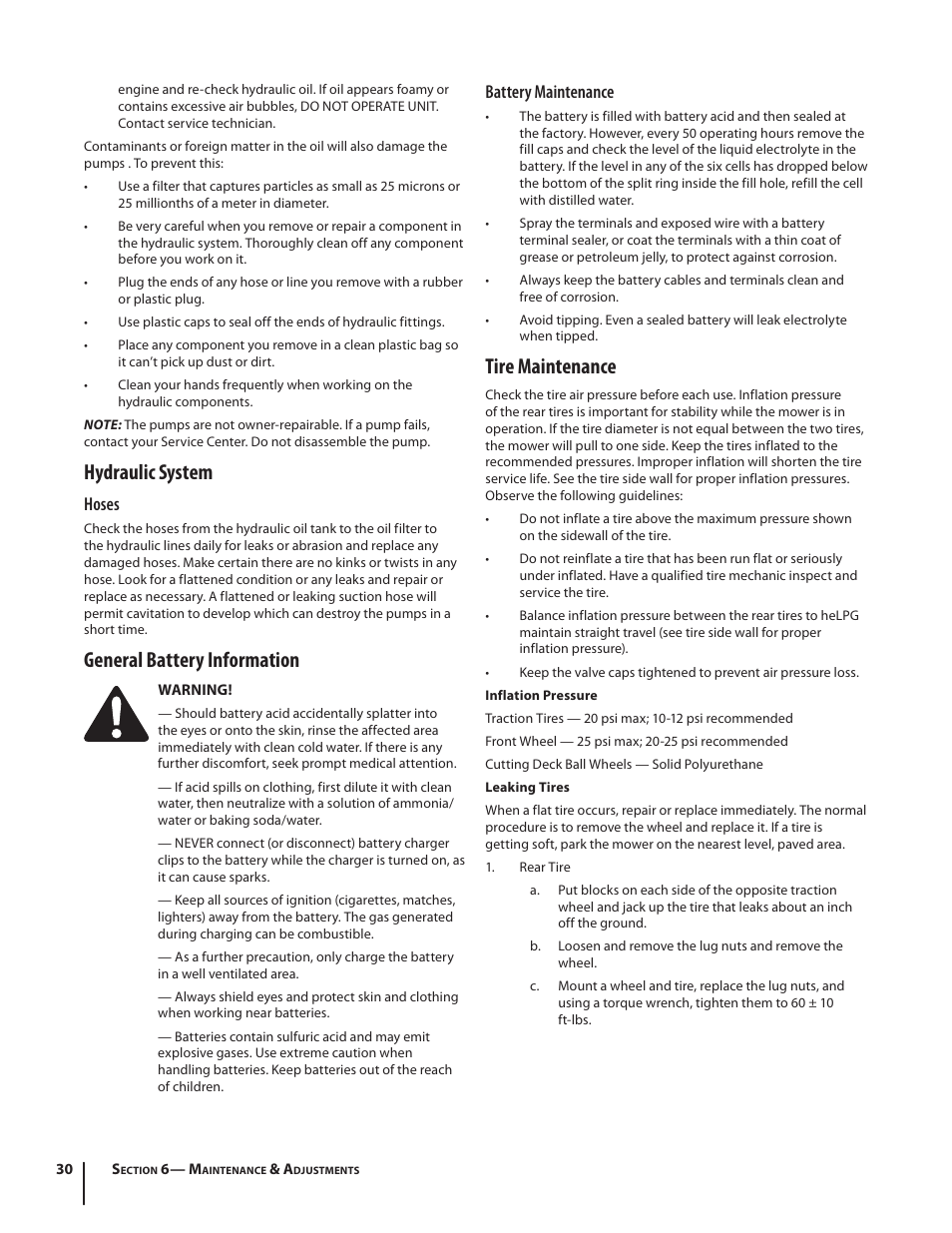 Hydraulic system, General battery information, Tire maintenance | Hoses, Battery maintenance | Cub Cadet S6031 User Manual | Page 30 / 48