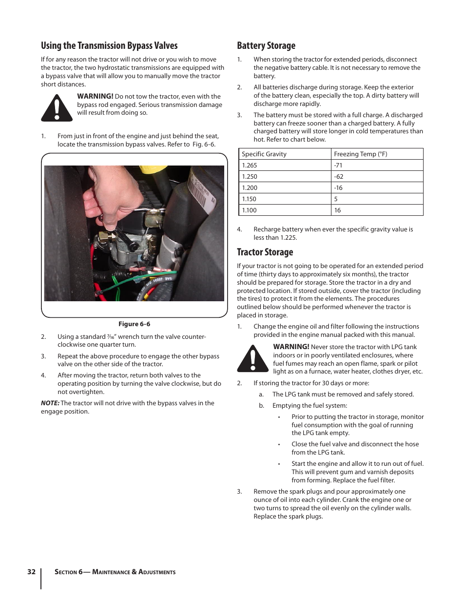 Using the transmission bypass valves, Battery storage, Tractor storage | Cub Cadet S6031 User Manual | Page 32 / 48