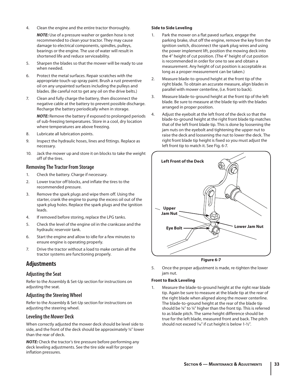 Adjustments, Removing the tractor from storage, Adjusting the seat | Adjusting the steering wheel, Leveling the mower deck | Cub Cadet S6031 User Manual | Page 33 / 48