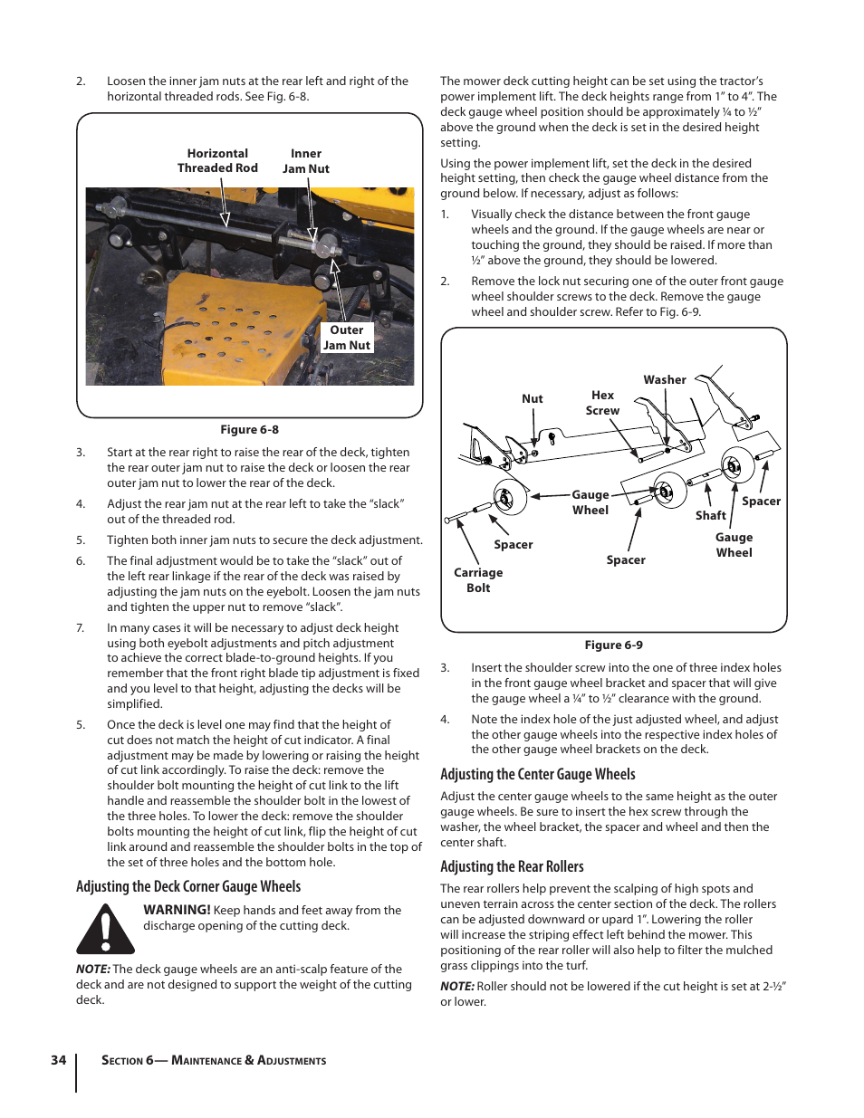Adjusting the deck corner gauge wheels, Adjusting the center gauge wheels, Adjusting the rear rollers | Cub Cadet S6031 User Manual | Page 34 / 48