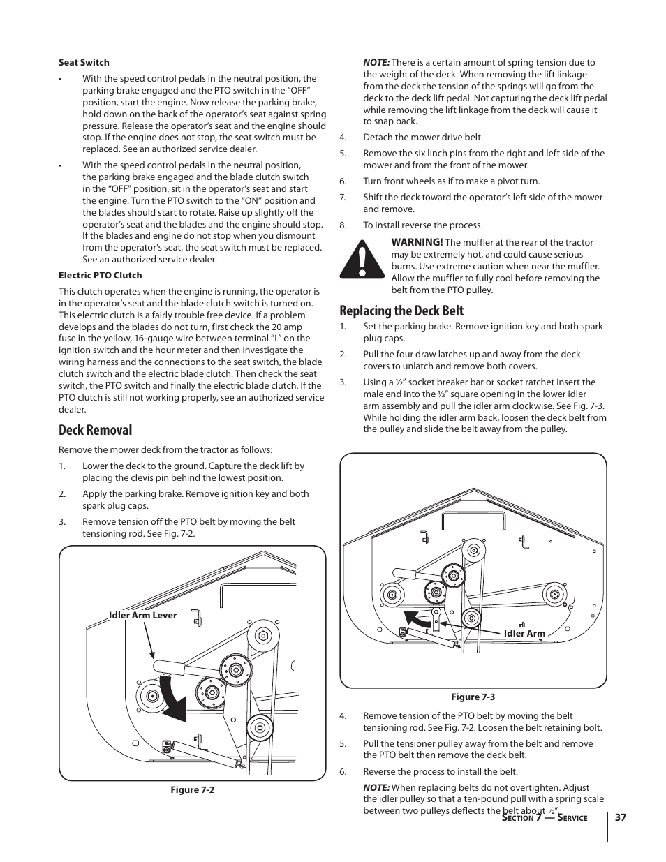 Deck removal, Replacing the deck belt | Cub Cadet S6031 User Manual | Page 37 / 48