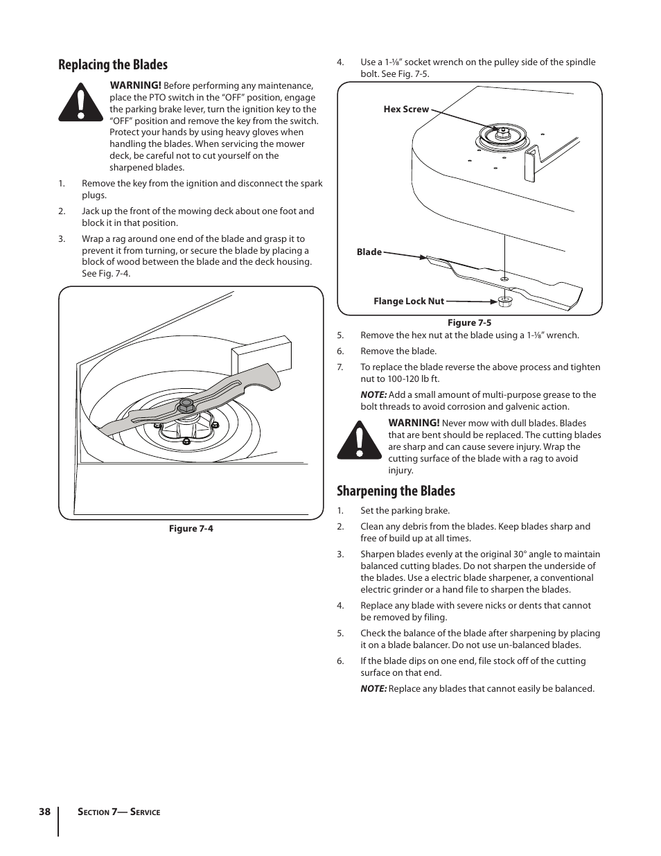 Sharpening the blades, Replacing the blades | Cub Cadet S6031 User Manual | Page 38 / 48
