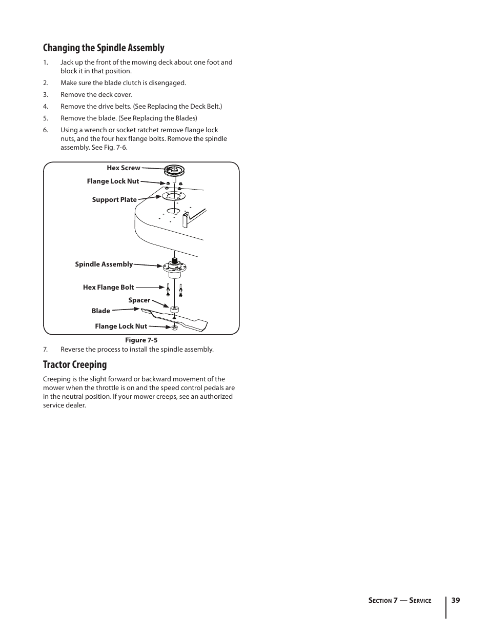 Changing the spindle assembly, Tractor creeping | Cub Cadet S6031 User Manual | Page 39 / 48