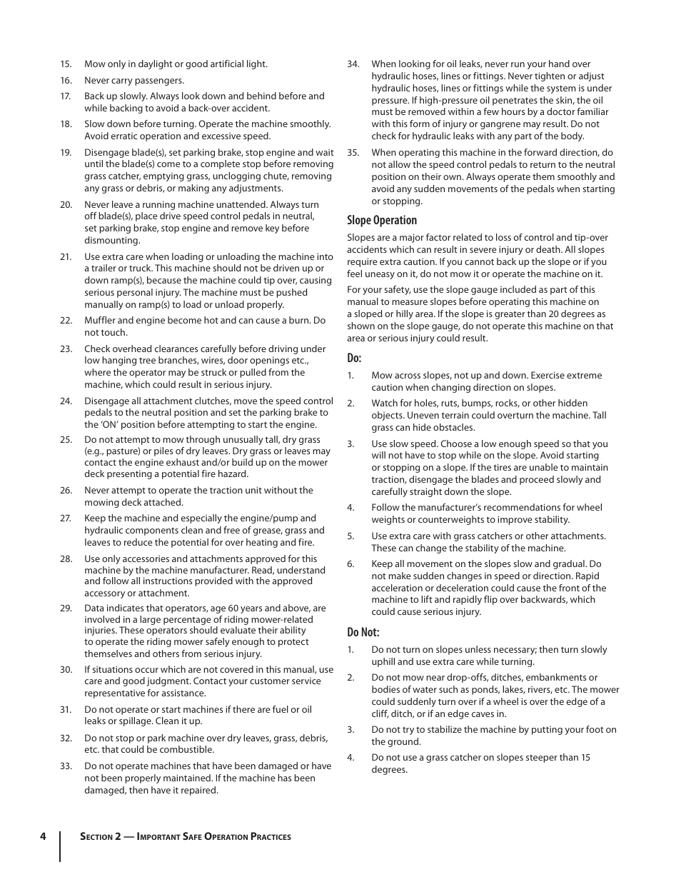 Slope operation, Do not | Cub Cadet S6031 User Manual | Page 4 / 48