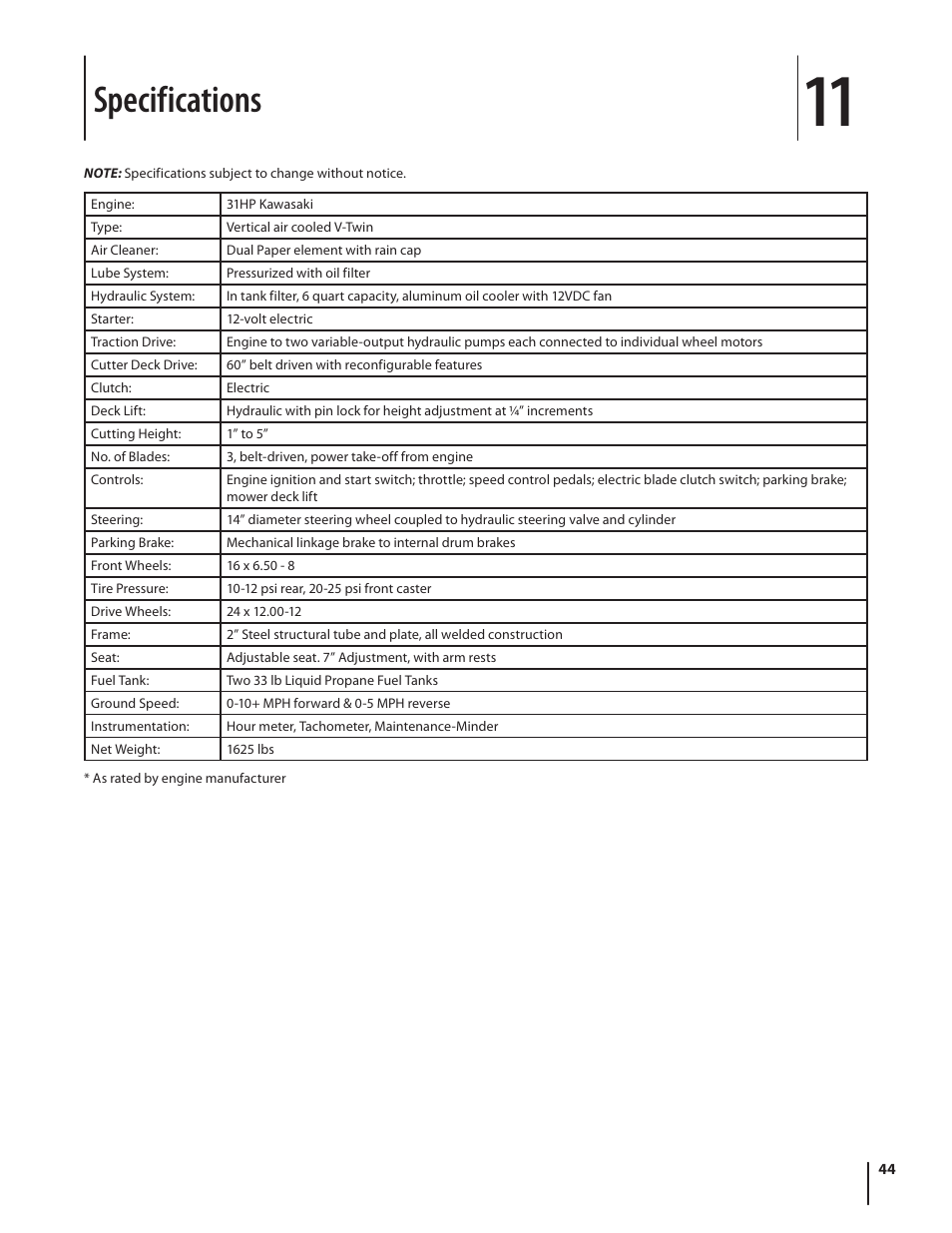 Specifications | Cub Cadet S6031 User Manual | Page 44 / 48