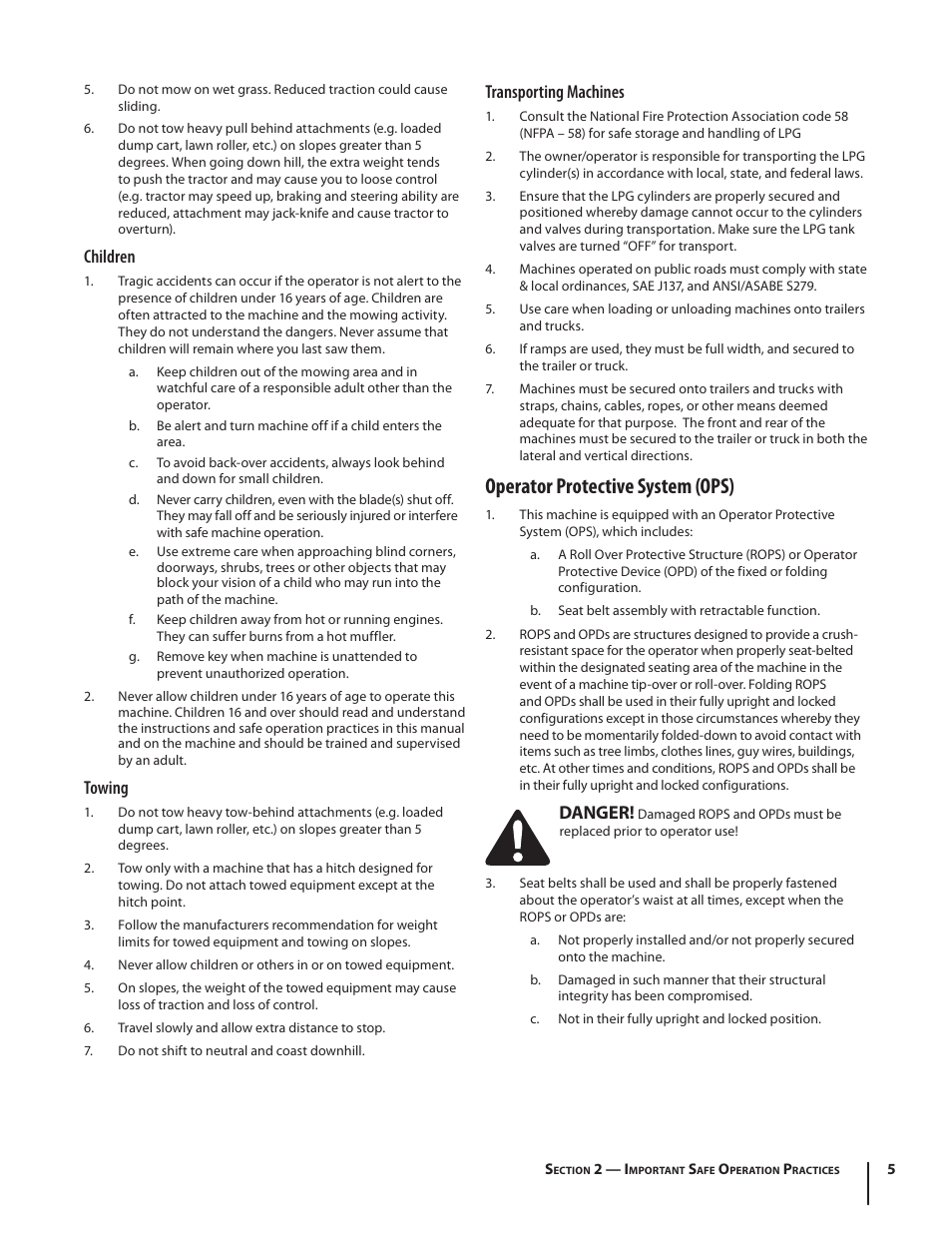 Operator protective system (ops), Children, Towing | Transporting machines, Danger | Cub Cadet S6031 User Manual | Page 5 / 48