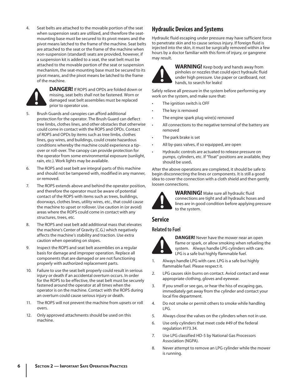 Hydraulic devices and systems, Service, Danger | Warning, Related to fuel | Cub Cadet S6031 User Manual | Page 6 / 48