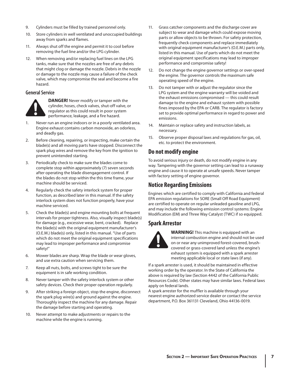 Do not modify engine, Notice regarding emissions, Spark arrestor | General service | Cub Cadet S6031 User Manual | Page 7 / 48