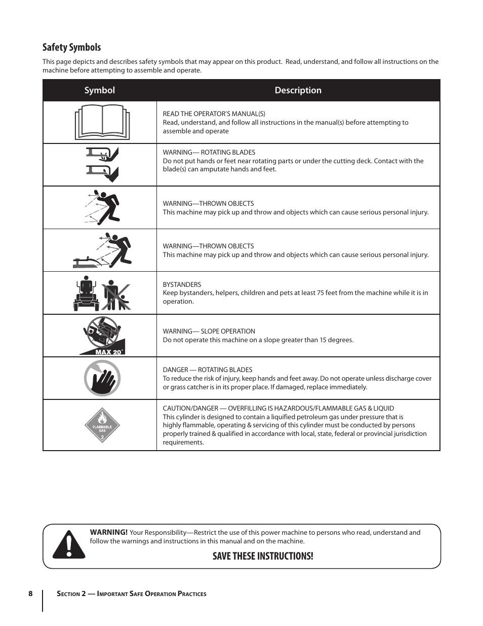 Save these instructions! safety symbols, Symbol description | Cub Cadet S6031 User Manual | Page 8 / 48