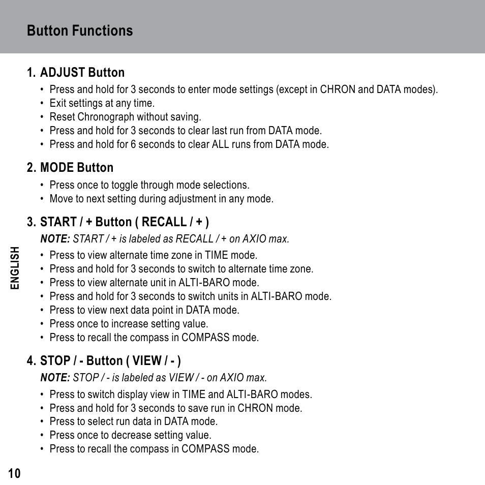 Button functions | Highgear Axio Max User Manual | Page 10 / 28