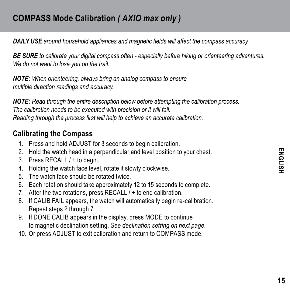 Compass mode calibration ( axio max only ) | Highgear Axio Max User Manual | Page 15 / 28
