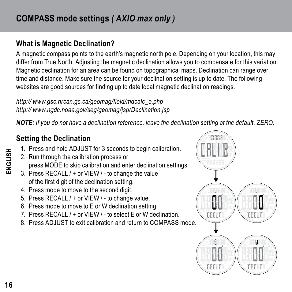 Compass mode settings ( axio max only ) | Highgear Axio Max User Manual | Page 16 / 28