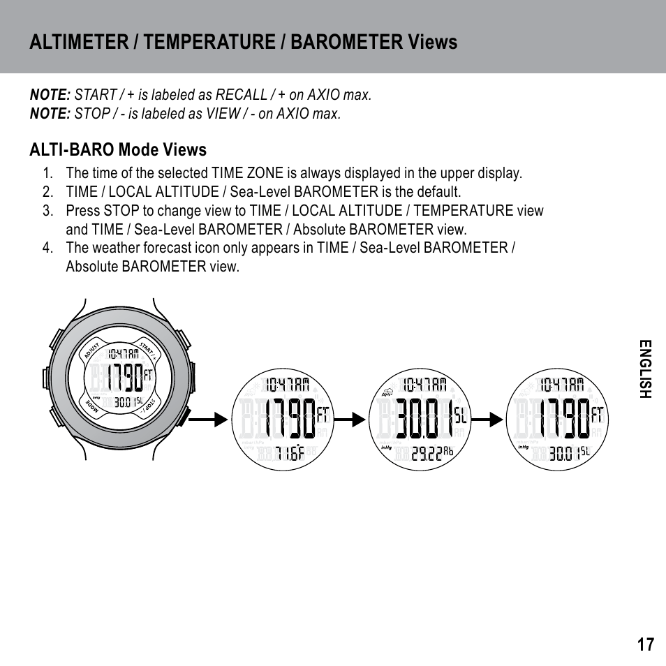 Altimeter / temperature / barometer views | Highgear Axio Max User Manual | Page 17 / 28