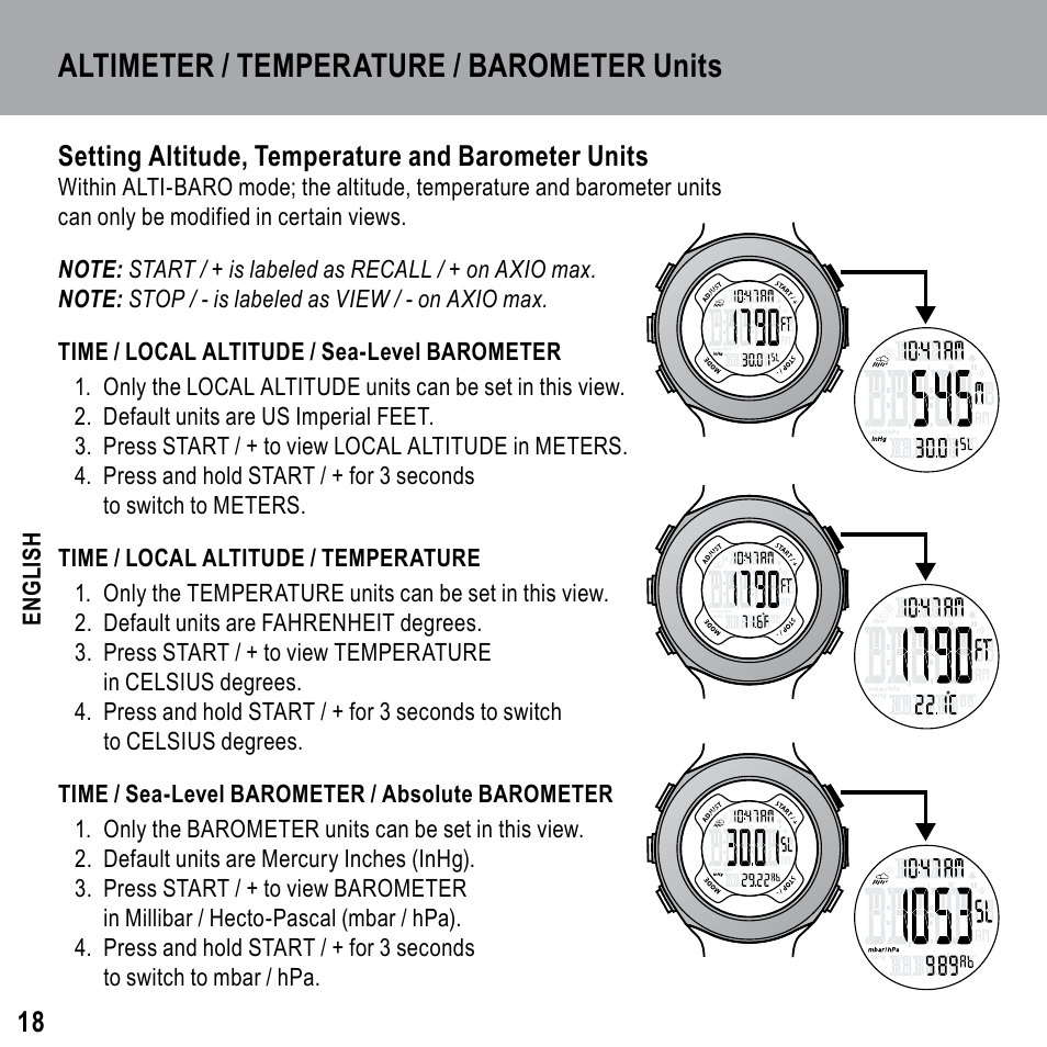 Altimeter / temperature / barometer units | Highgear Axio Max User Manual | Page 18 / 28