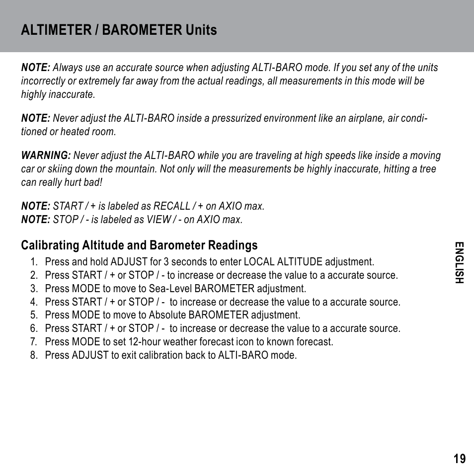Altimeter / barometer units | Highgear Axio Max User Manual | Page 19 / 28