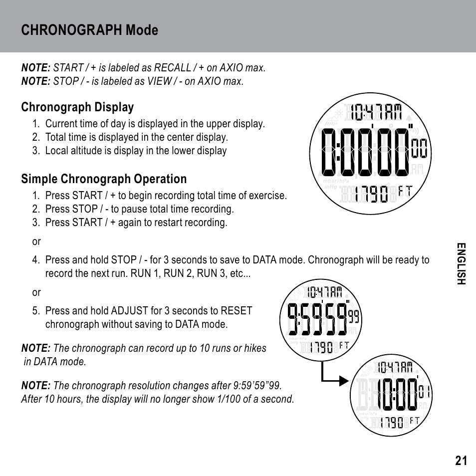 Chronograph mode | Highgear Axio Max User Manual | Page 21 / 28