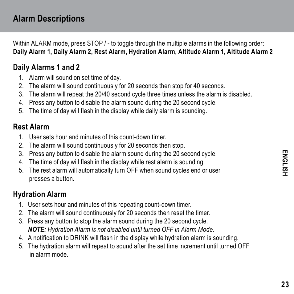 Alarm descriptions | Highgear Axio Max User Manual | Page 23 / 28