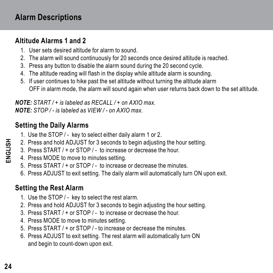 Alarm descriptions | Highgear Axio Max User Manual | Page 24 / 28