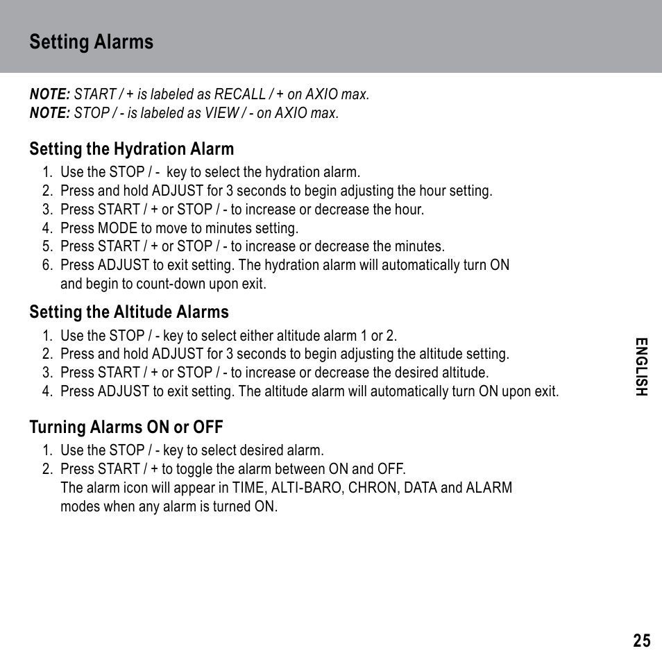 Setting alarms | Highgear Axio Max User Manual | Page 25 / 28