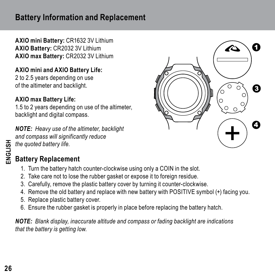 Battery information and replacement | Highgear Axio Max User Manual | Page 26 / 28