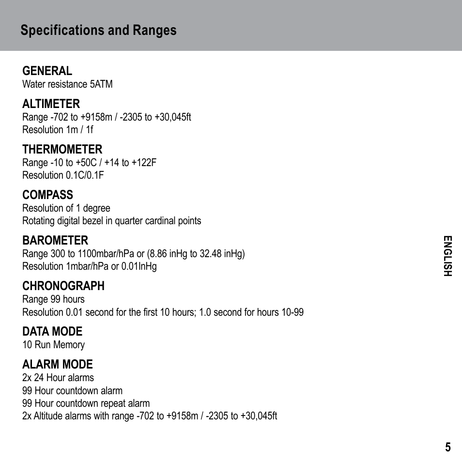 Specifications and ranges | Highgear Axio Max User Manual | Page 5 / 28