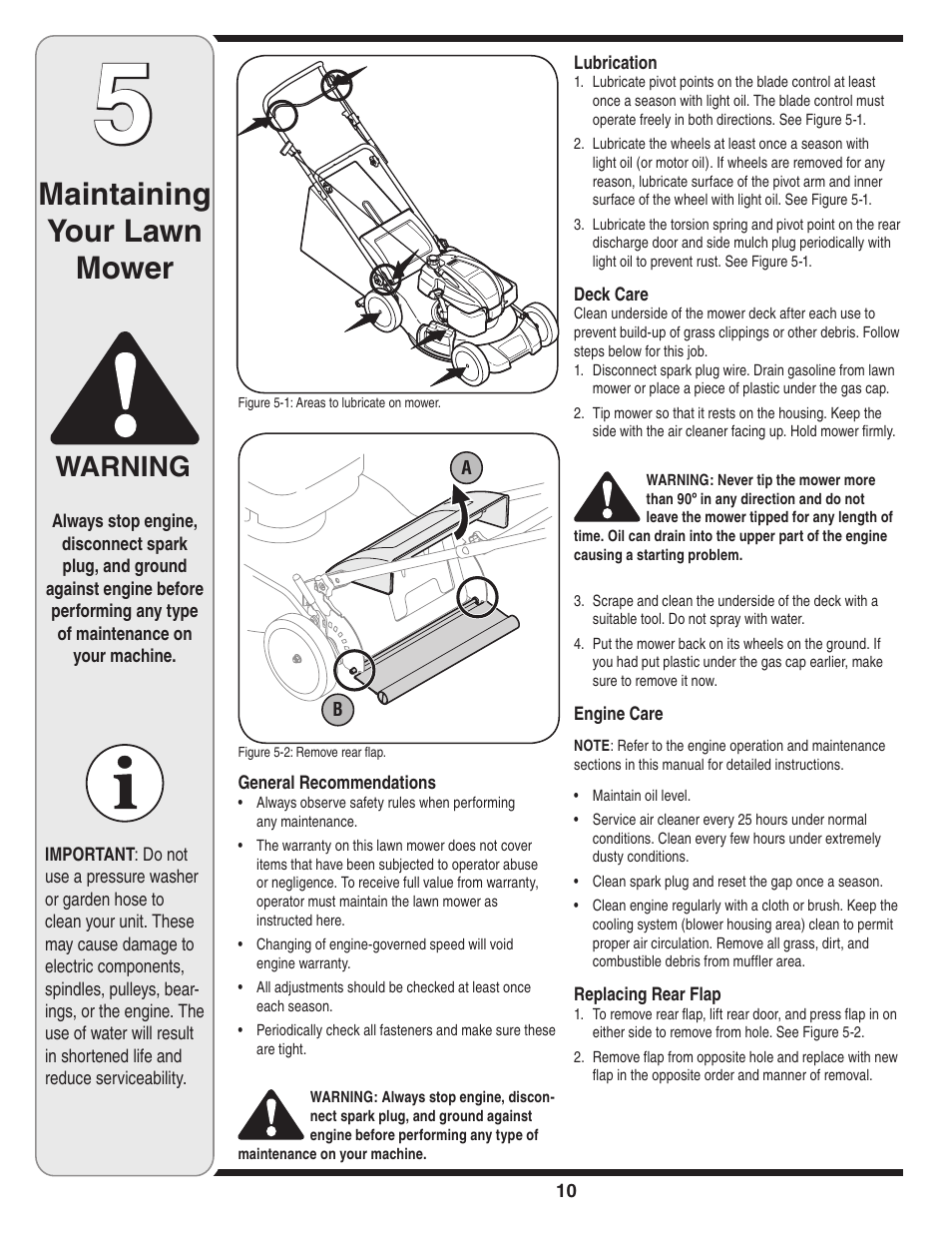 Maintaining your lawn mower, Warning | Cub Cadet 18M User Manual | Page 10 / 28