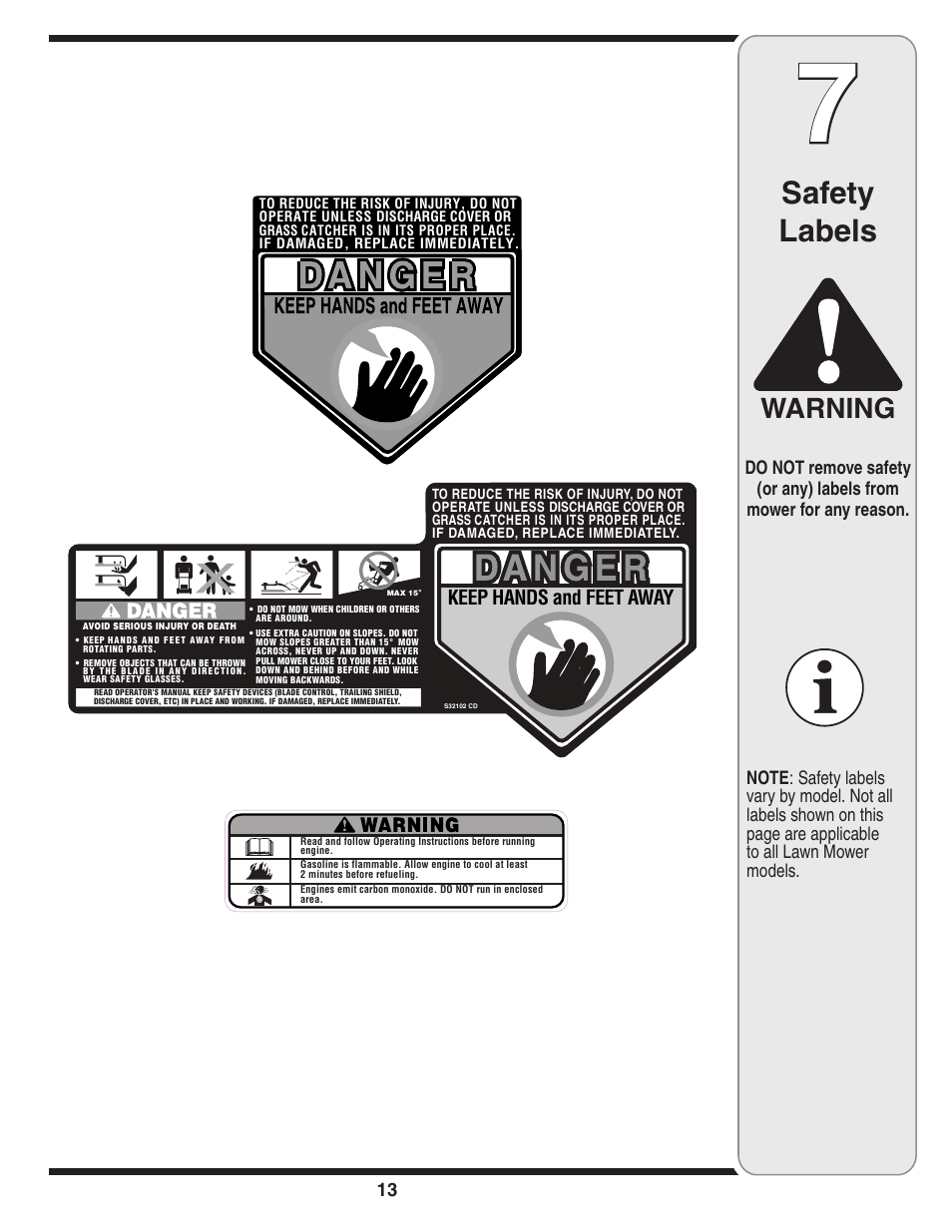 Safety labels, Warning | Cub Cadet 18M User Manual | Page 13 / 28