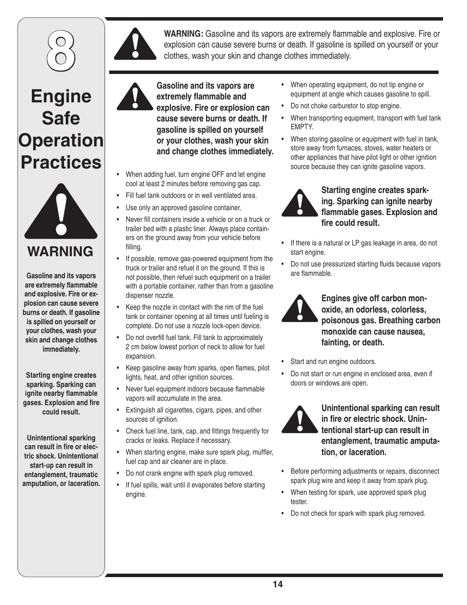 Engine safe operation practices, Warning | Cub Cadet 18M User Manual | Page 14 / 28