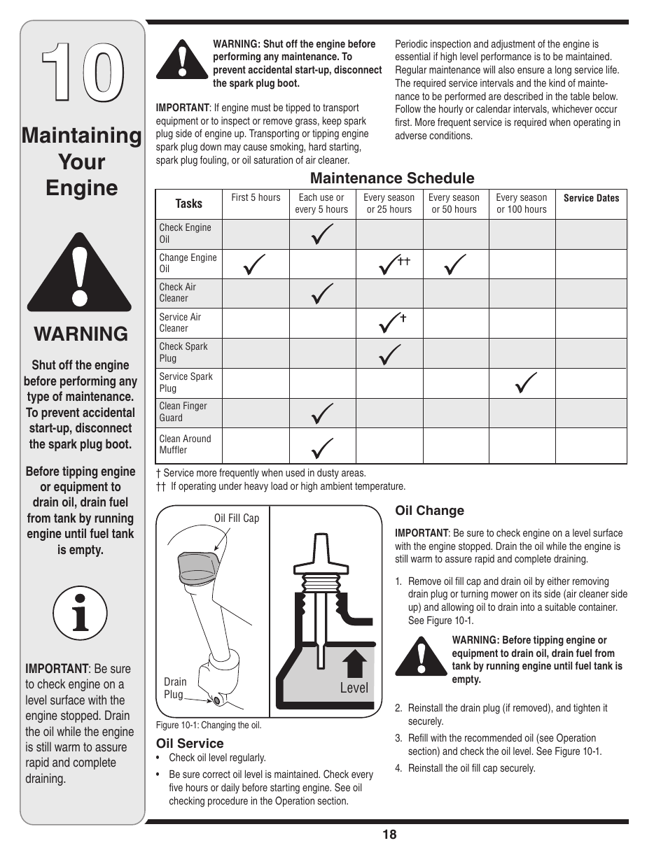Maintaining your engine, Warning | Cub Cadet 18M User Manual | Page 18 / 28