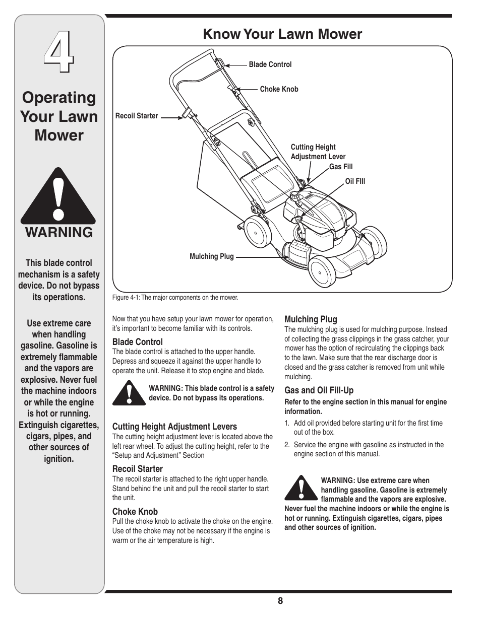 Operating your lawn mower, Know your lawn mower, Warning | Cub Cadet 18M User Manual | Page 8 / 28