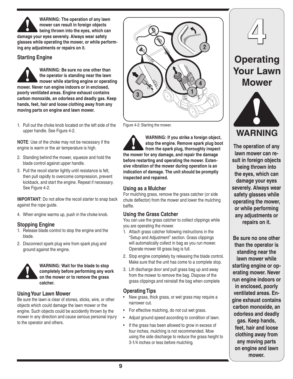 Operating your lawn mower, Warning | Cub Cadet 18M User Manual | Page 9 / 28