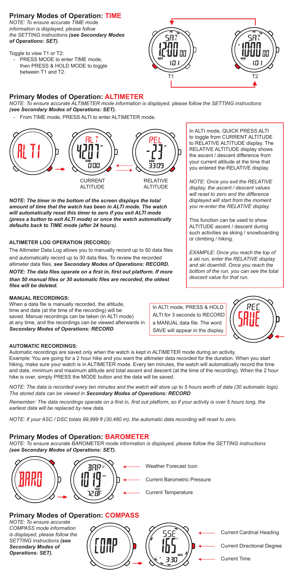 Primary modes of operation: time, Primary modes of operation: altimeter, Primary modes of operation: barometer | Primary modes of operation: compass, Warnings & cautions | Highgear Axis XT User Manual | Page 2 / 6