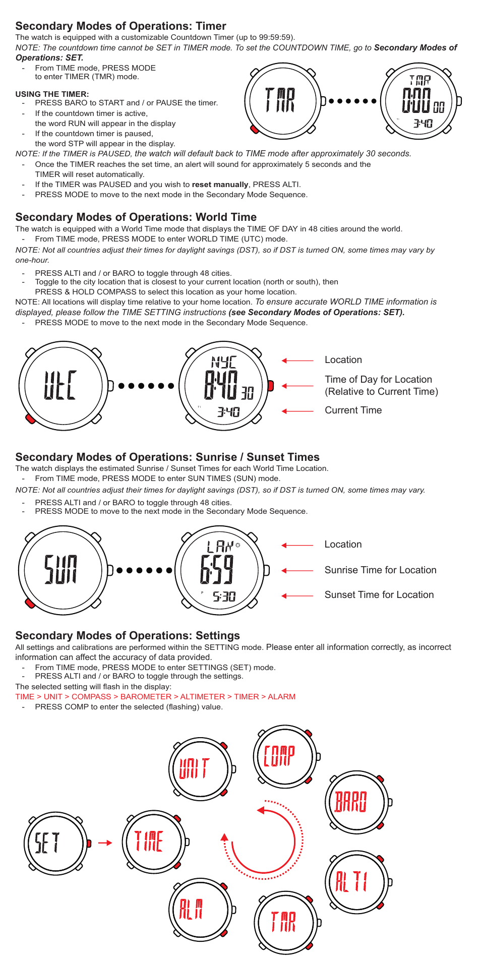 Secondary modes of operations: timer, Secondary modes of operations: world time, Secondary modes of operations: settings | Highgear Axis XT User Manual | Page 4 / 6