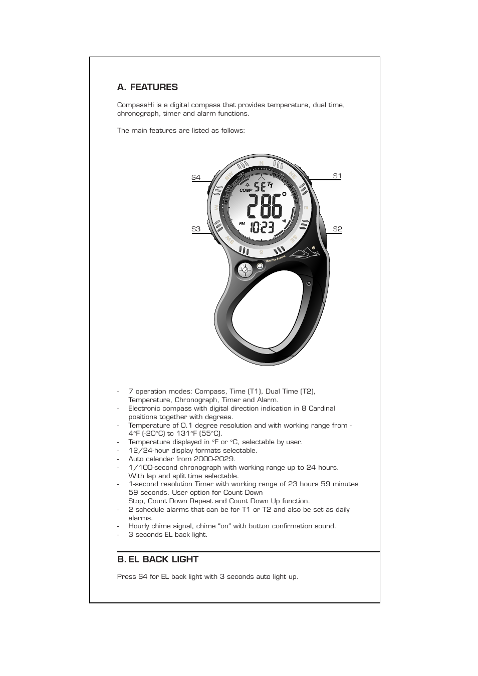 A. features, B. el back light, S1 s2 s3 s4 | Highgear CompassHi User Manual | Page 2 / 10