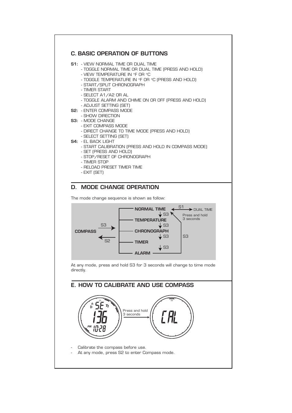 C. basic operation of buttons, D. mode change operation, E. how to calibrate and use compass | Highgear CompassHi User Manual | Page 3 / 10