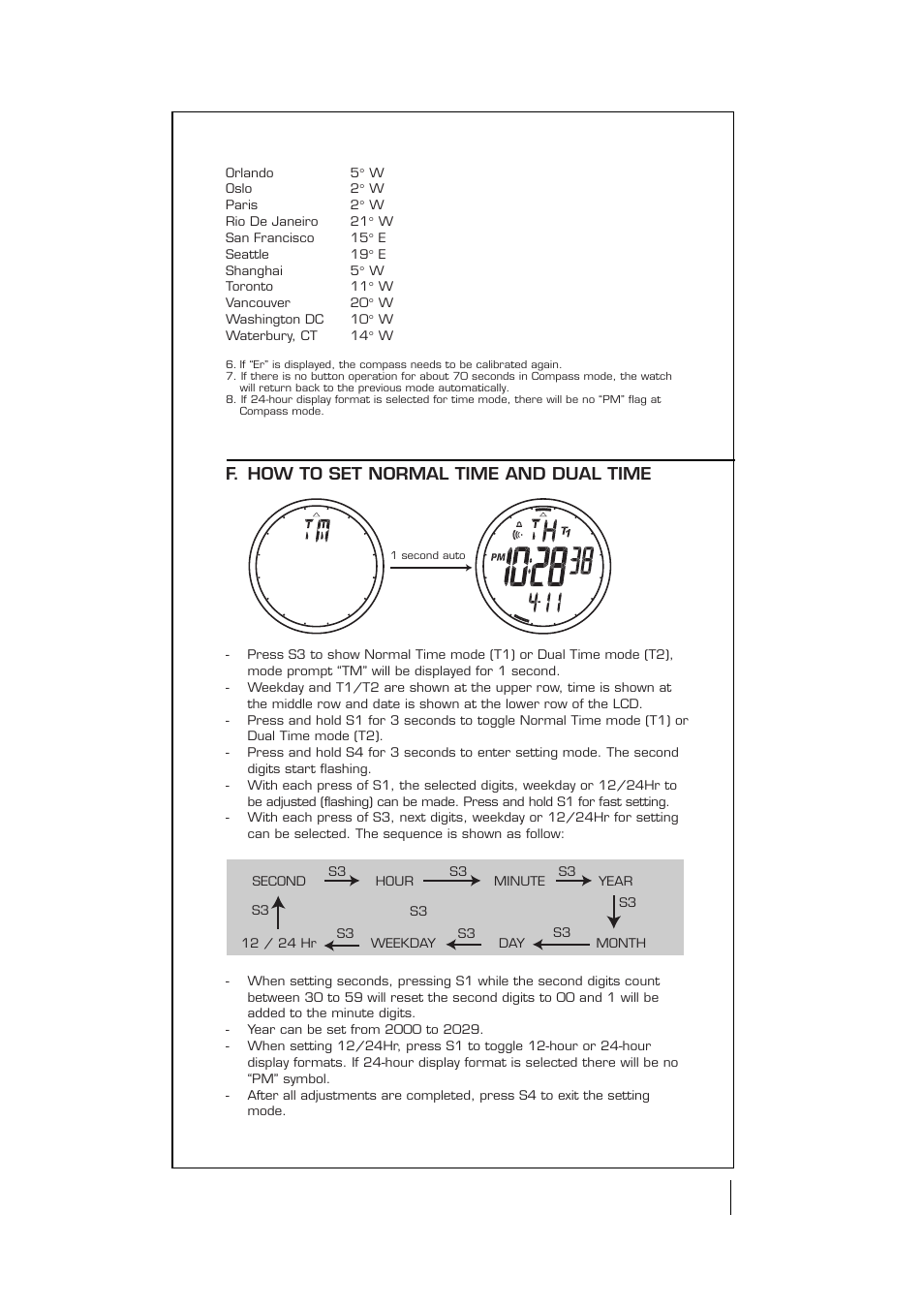 F. how to set normal time and dual time | Highgear CompassHi User Manual | Page 5 / 10