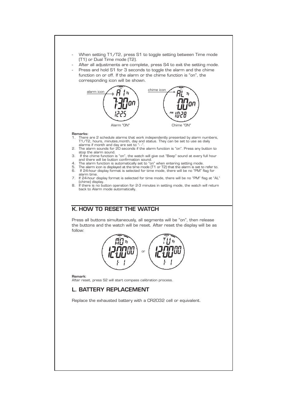 K. how to reset the watch, L. battery replacement | Highgear CompassHi User Manual | Page 9 / 10