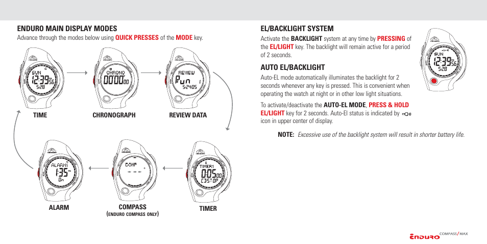 Modes of operation, Setting the watch functions | Highgear Enduro Compass User Manual | Page 8 / 19