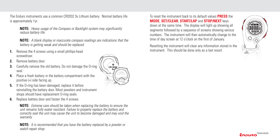 Replacing the battery, Resetting the instrument | Highgear Enduro TrailHead User Manual | Page 5 / 19