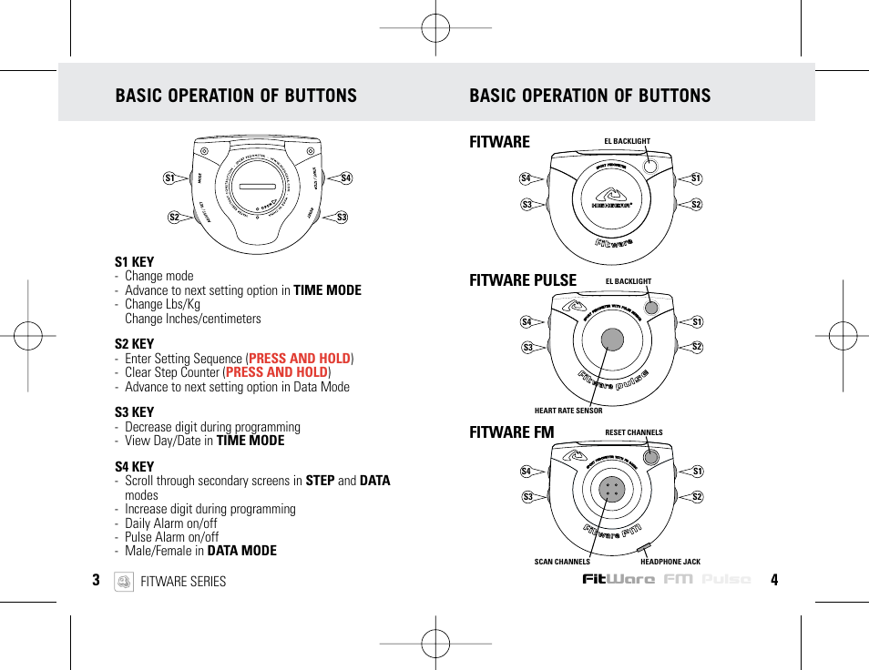 Basic operation of buttons, 4fit ware fm pulse 3, Fitware fitware pulse | Fitware fm | Highgear FitWare User Manual | Page 4 / 11