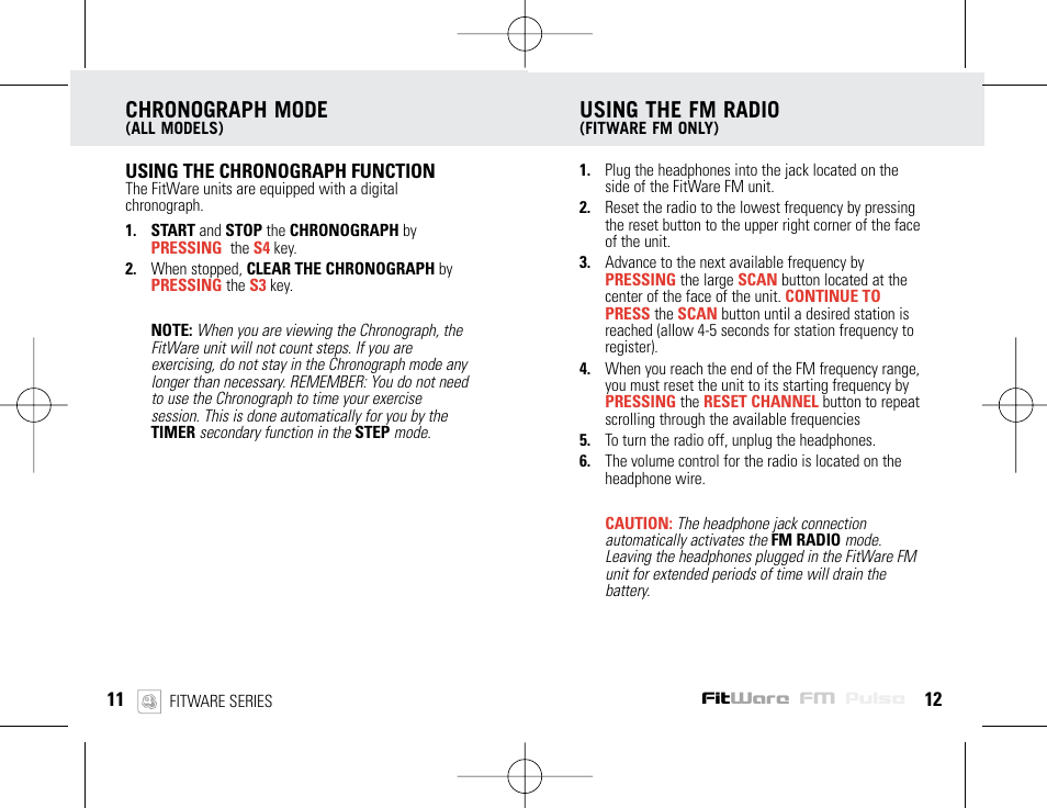 Chronograph mode, Using the fm radio | Highgear FitWare User Manual | Page 8 / 11