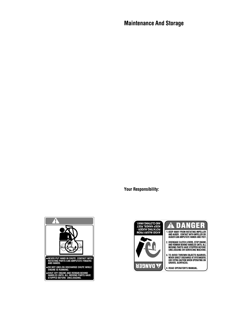 Danger, Maintenance and storage, Your responsibility | Cub Cadet 522 WE User Manual | Page 4 / 28