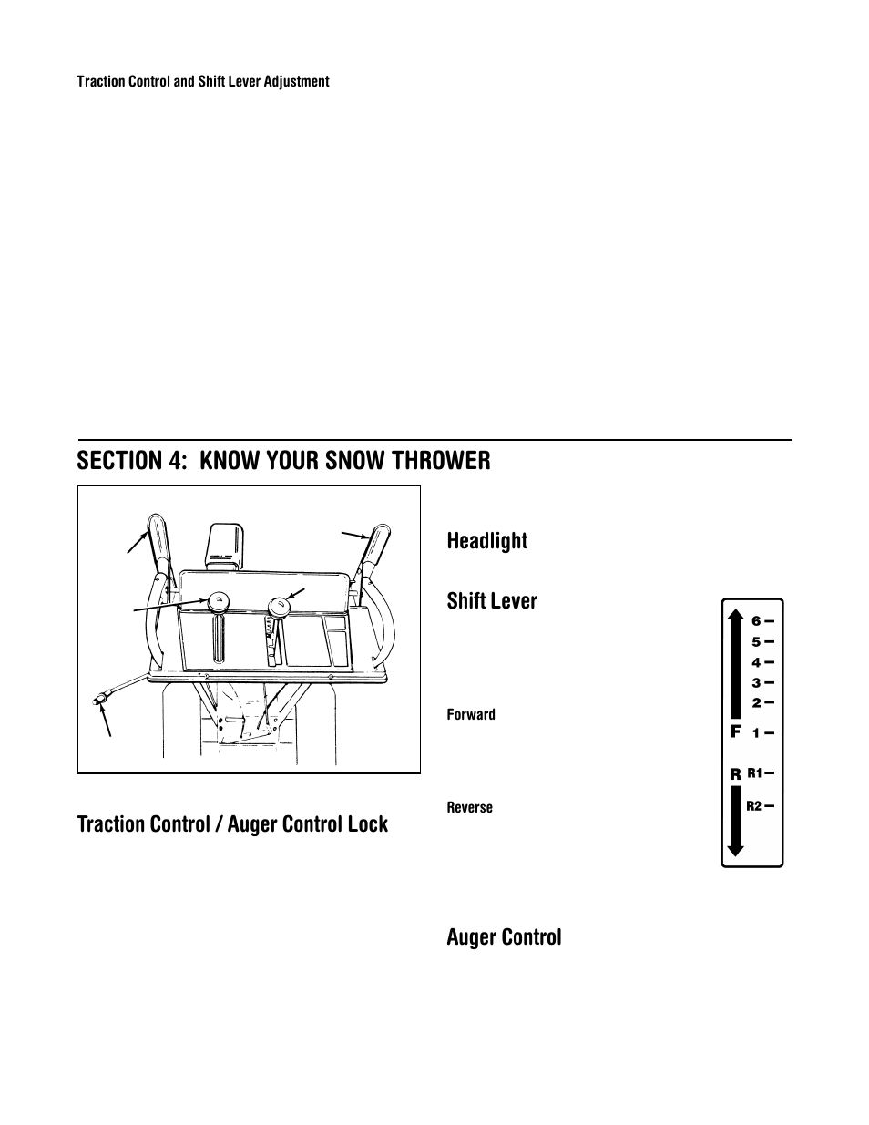 Traction control / auger control lock, Headlight, Shift lever | Auger control | Cub Cadet 522 WE User Manual | Page 7 / 28