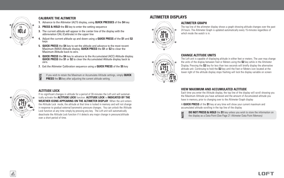 Loft, Altimeter functions, Altimeter displays | Highgear Loft User Manual | Page 11 / 19