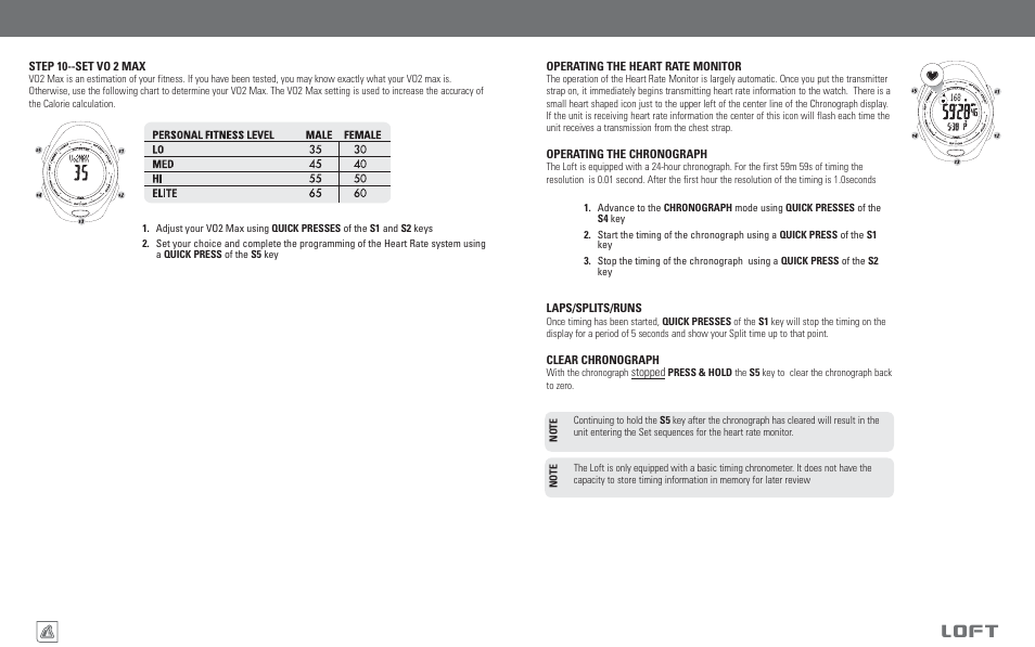 Loft, Chronograph/heart rate monitor functions | Highgear Loft User Manual | Page 15 / 19