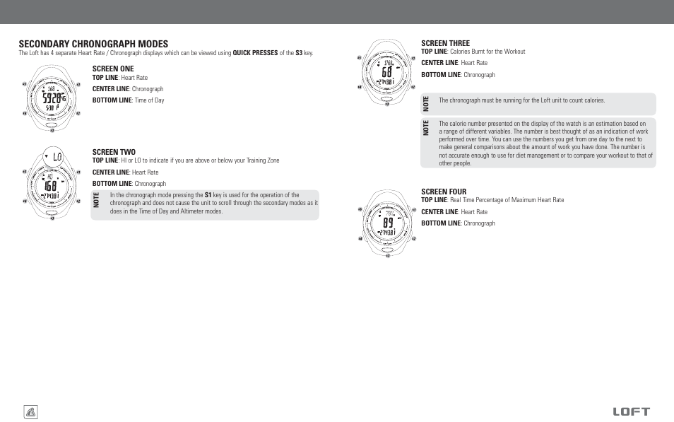 Loft, Chronograph/heart rate monitor functions, Secondary chronograph modes | Highgear Loft User Manual | Page 16 / 19